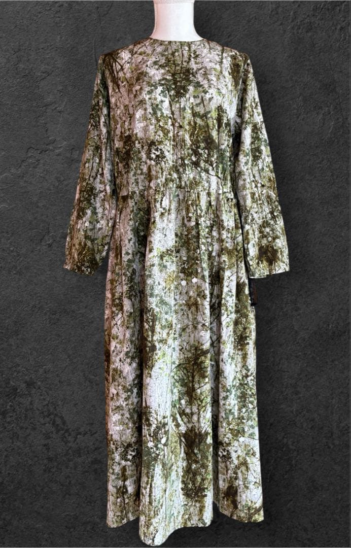 【パドカレ】ドウダンツツジプリント　マキシ丈ドレス　リネンブレンド　日本製　36