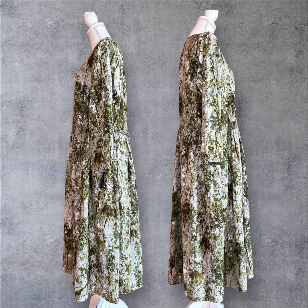 【パドカレ】ドウダンツツジプリント　マキシ丈ドレス　リネンブレンド　日本製　36