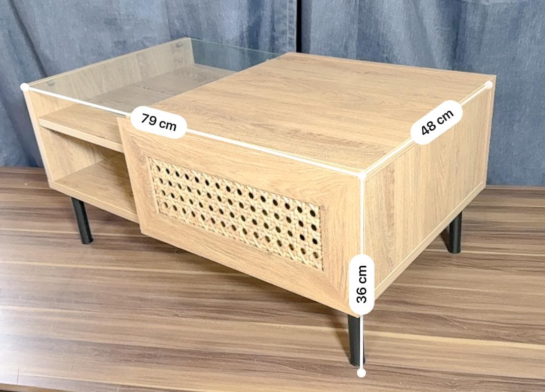 【LOWYA製】ラタン調センターテーブル 幅80 ナチュラル×ブラック脚