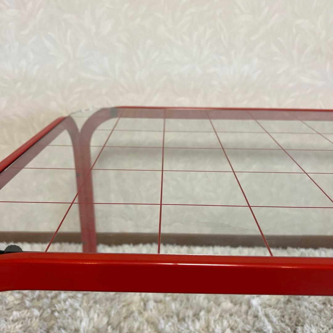 レトロポップ ガラステーブル アイアンテーブル グリッド柄 赤 80s 90s