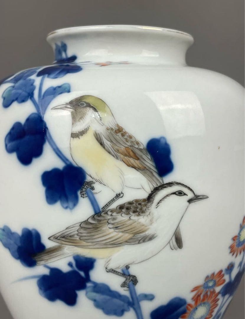 オールド深川 金彩 花鳥紋 雀 手描き深川製磁 花瓶 花器 飾壺 有田焼 陶器