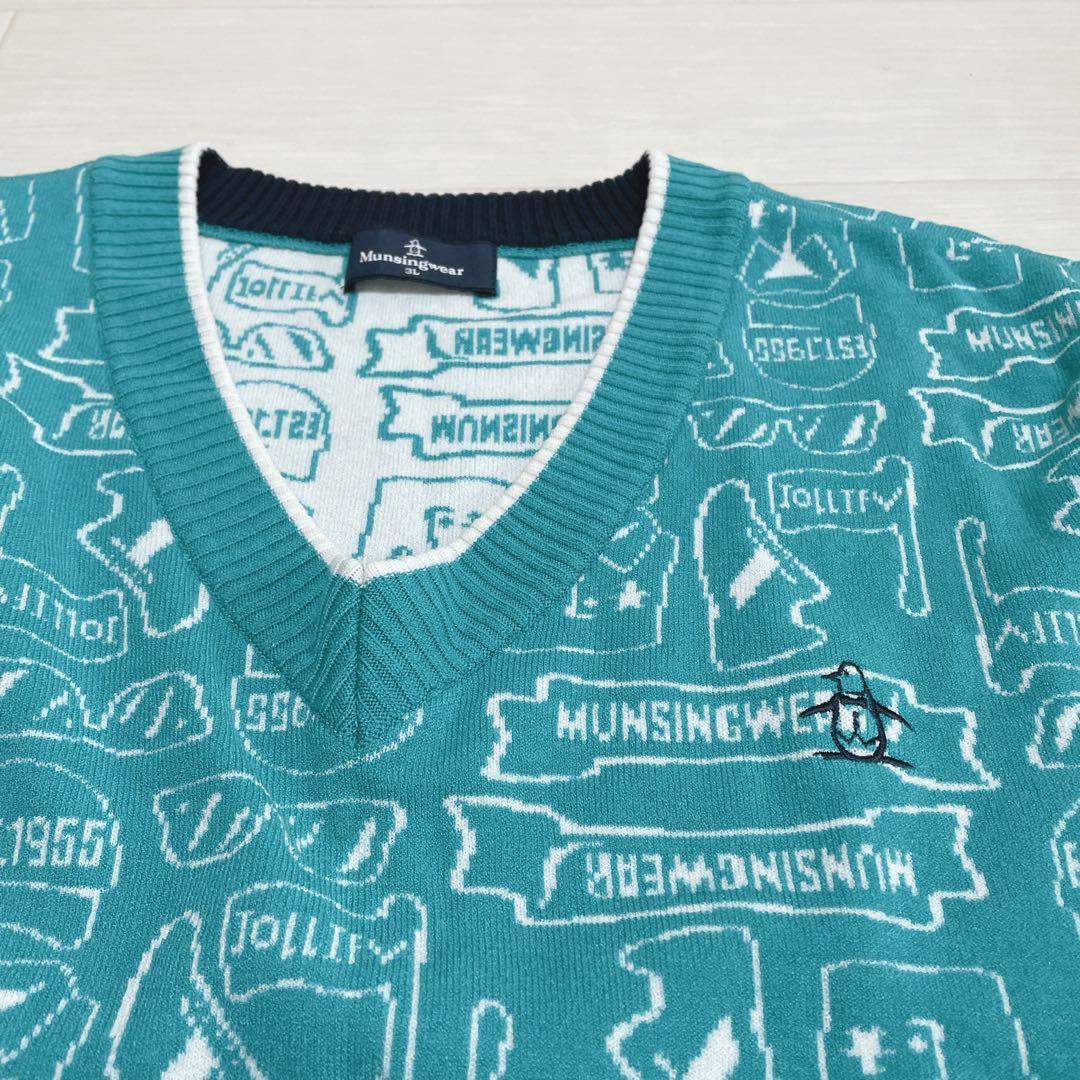 マンシングウェア　ゴルフウェア　長袖ニット　大きいサイズ　総柄　ペンギン　3L