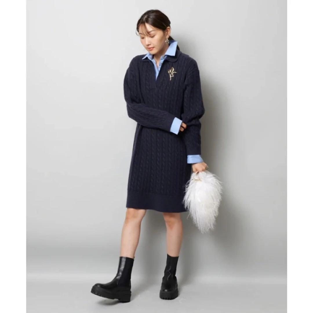 新品✨レイヤード ケーブル ニット ワンピース ジャスグリッティー ネイビー