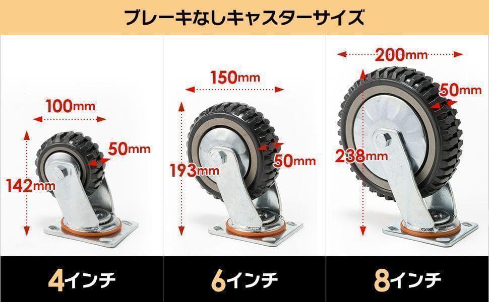産業用キャスター 6インチ 4個 ブレーキ有×2個 ブレーキ無×2個 1784