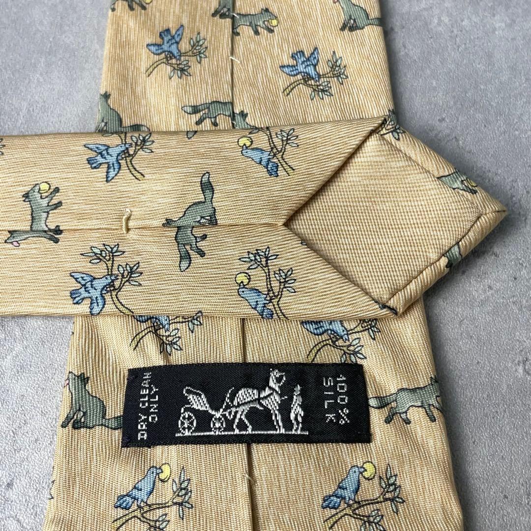 美品 HERMES エルメス アニマル柄 キツネ 鳥 ネクタイ ベージュ