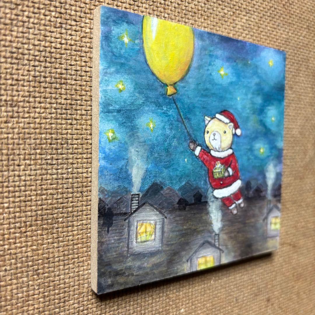 けい　クリスマス価格　自作絵画　風船でやって来たサンタ　猫の絵
