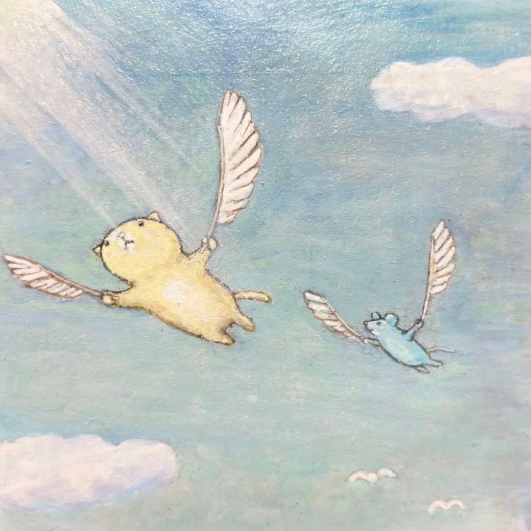 けい　クリスマス価格　自作絵画　風船でやって来たサンタ　猫の絵