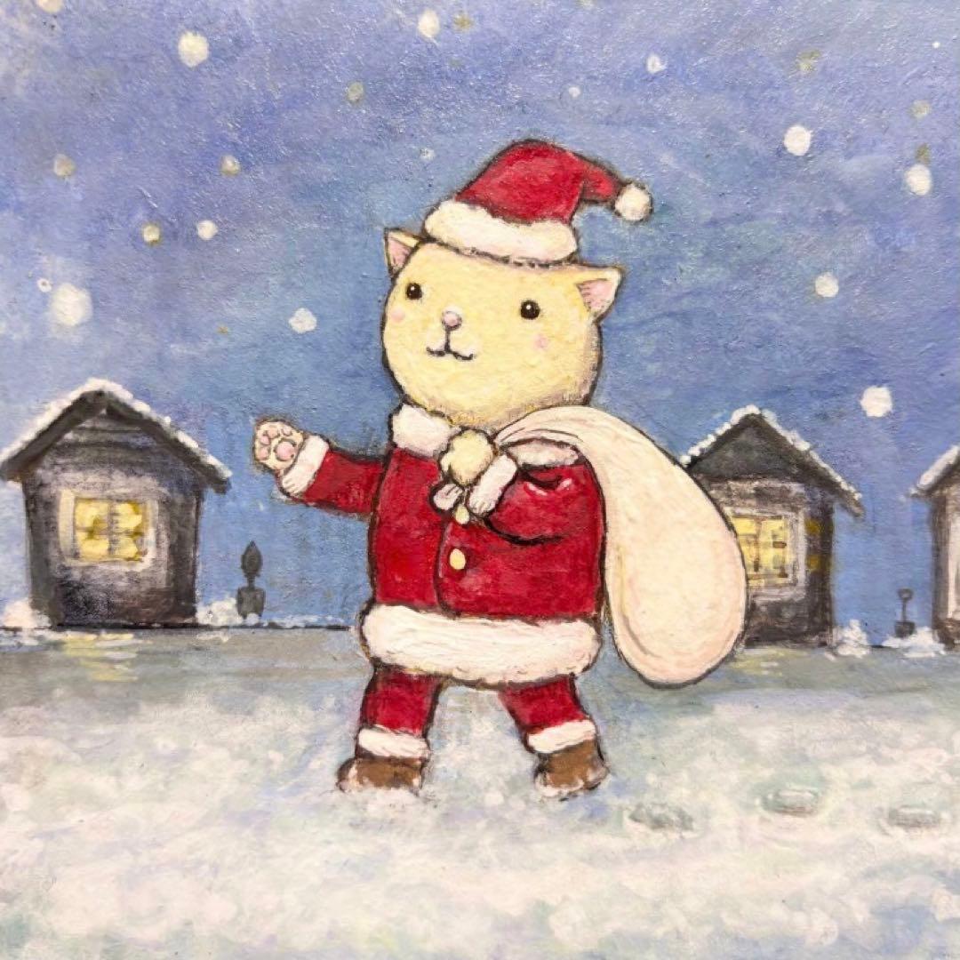 けい　クリスマス価格　自作絵画　風船でやって来たサンタ　猫の絵