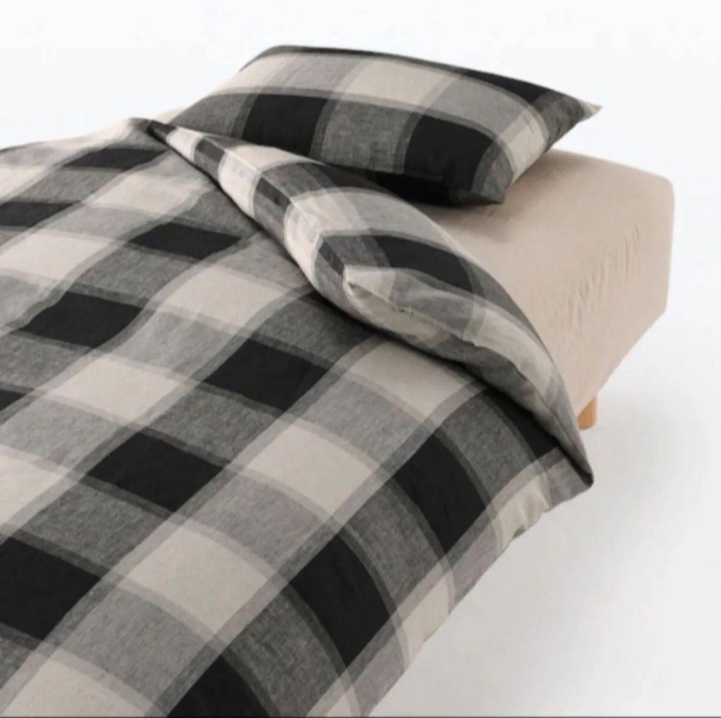 無印 MUJI 麻平織　麻100％ 掛けふとんカバー　セミダブル 黒チェック