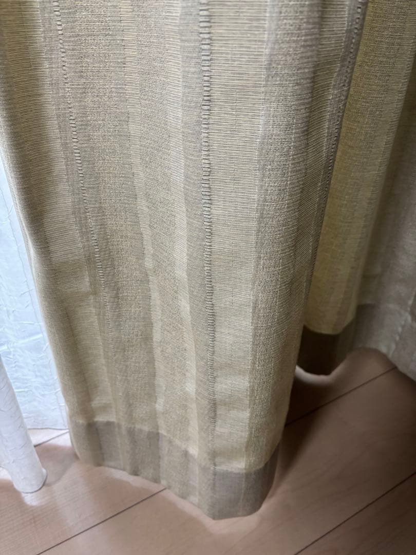 サンゲツオーダーカーテン2枚セットカーキベージュストライプカーテンフック付き