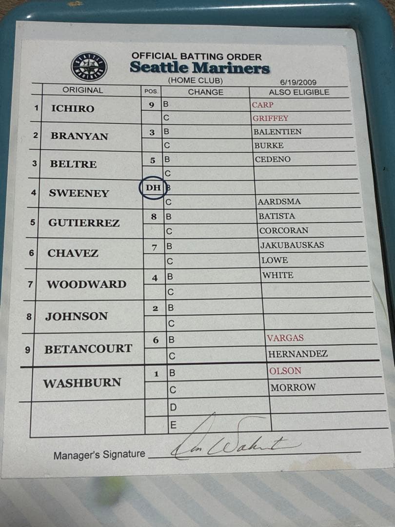 本物保証　直筆　2009 イチロー　スタメン表　シアトルマリナーズ　MLB 野球
