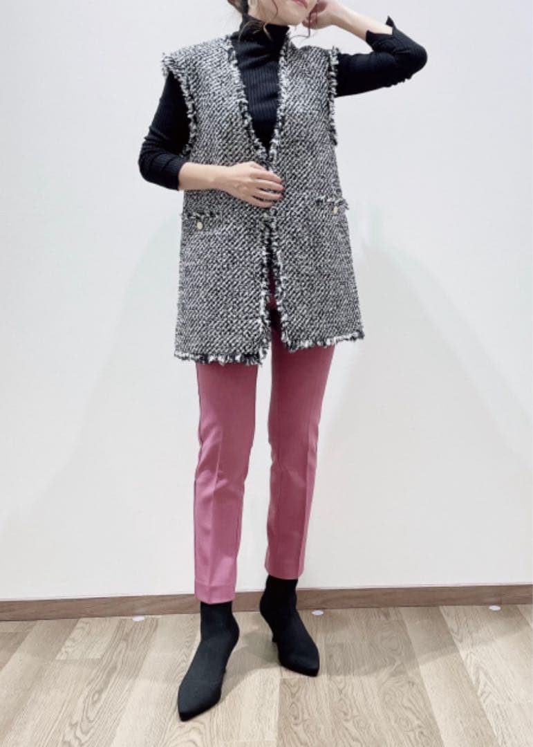 【美品】PLST ツイードミドルジレ S ブラック・ホワイト