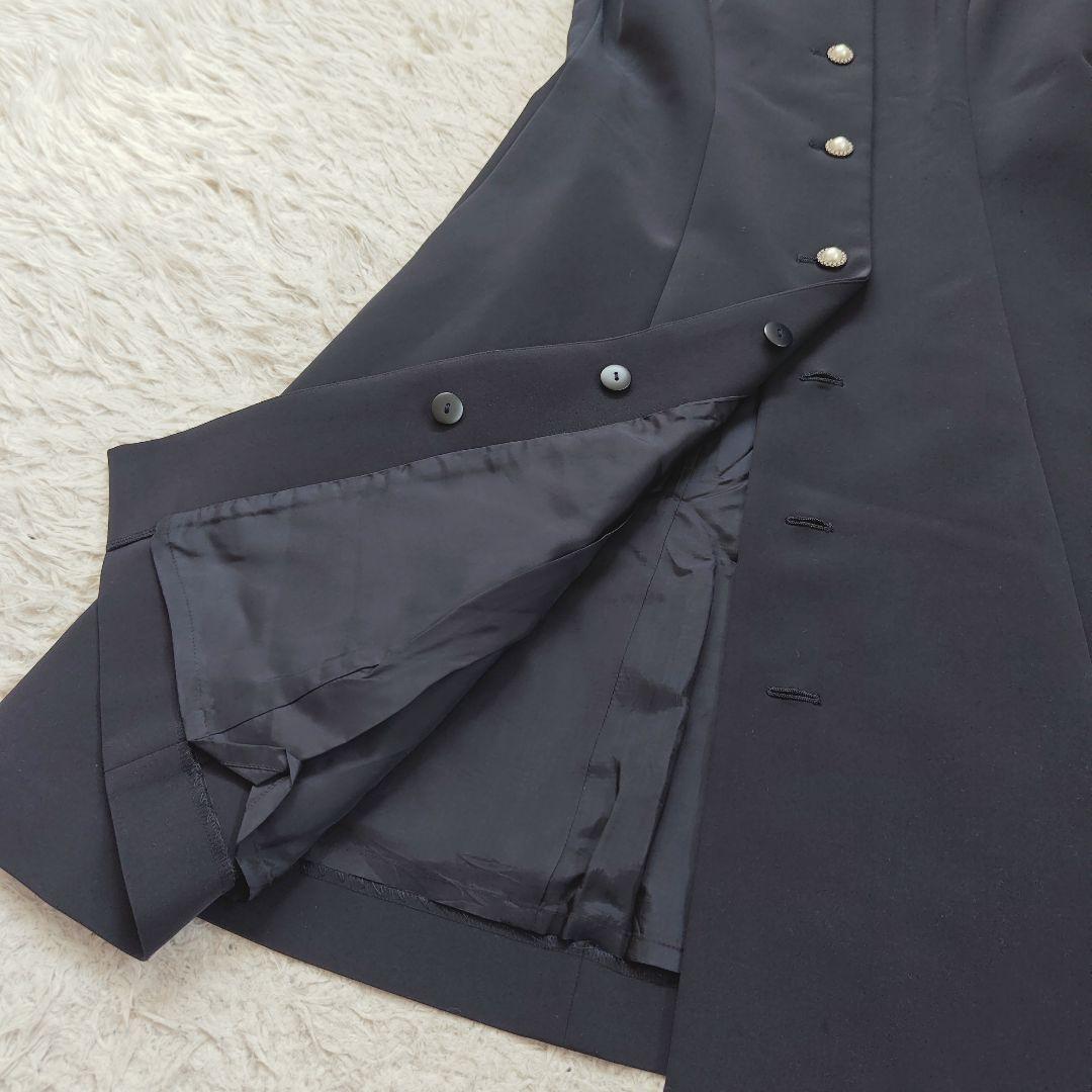 【エムズグレイシー】襟付きロングワンピース 袖シアー Aライン パールボタン 紺