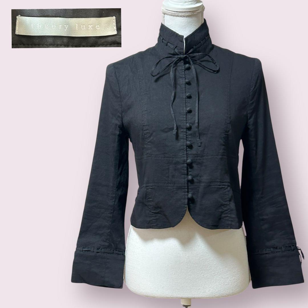 美品✨希少デザイン　リネン混 黒 ジャケット スタンドカラー　リボンタイ　40