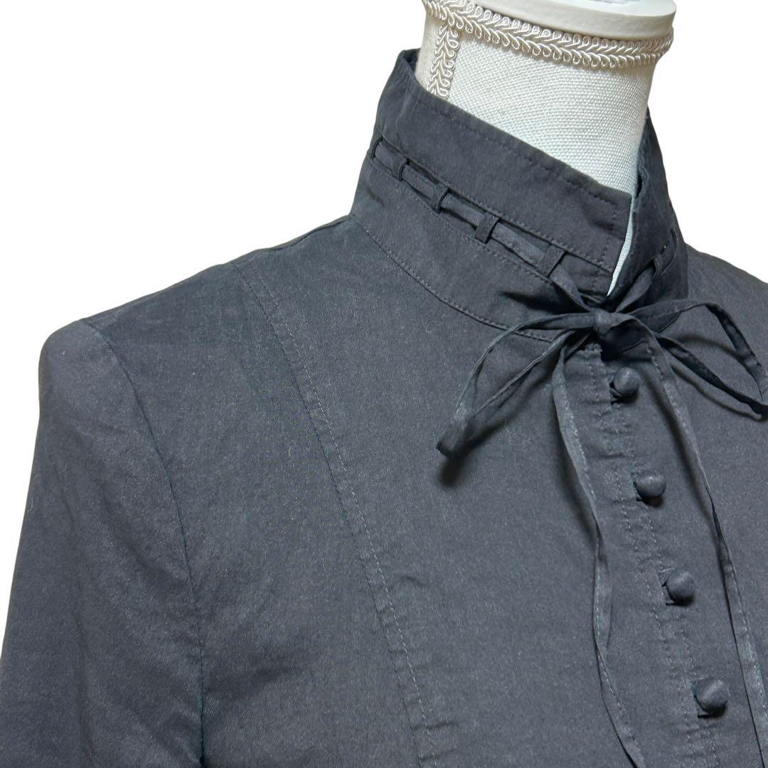 美品✨希少デザイン　リネン混 黒 ジャケット スタンドカラー　リボンタイ　40