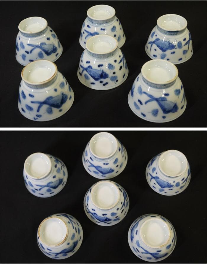 煎茶茶碗６客　魚文　水玉に藻　見込鶴亀　状態良好美品