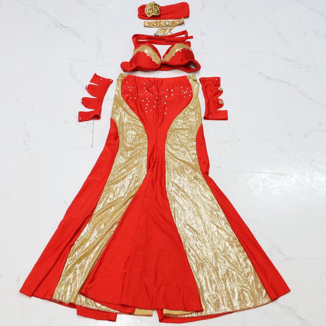 【ベリーダンス用 オリエンタル衣装】レッド×ゴールド ストーンラメ タイト 赤