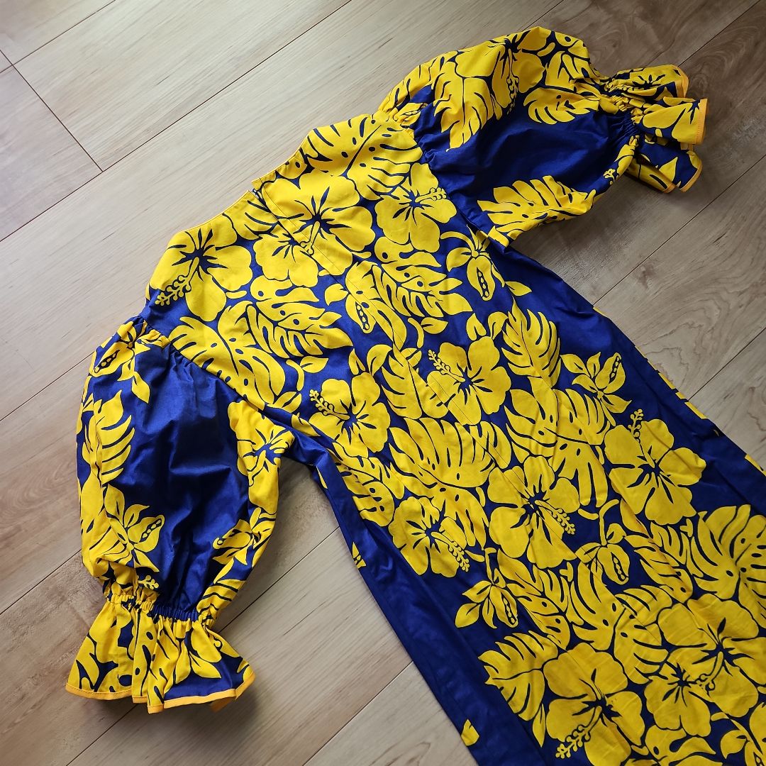 ☆タケミハワイアンドレス☆パープル×イエロー裾フレア☆美品M☆