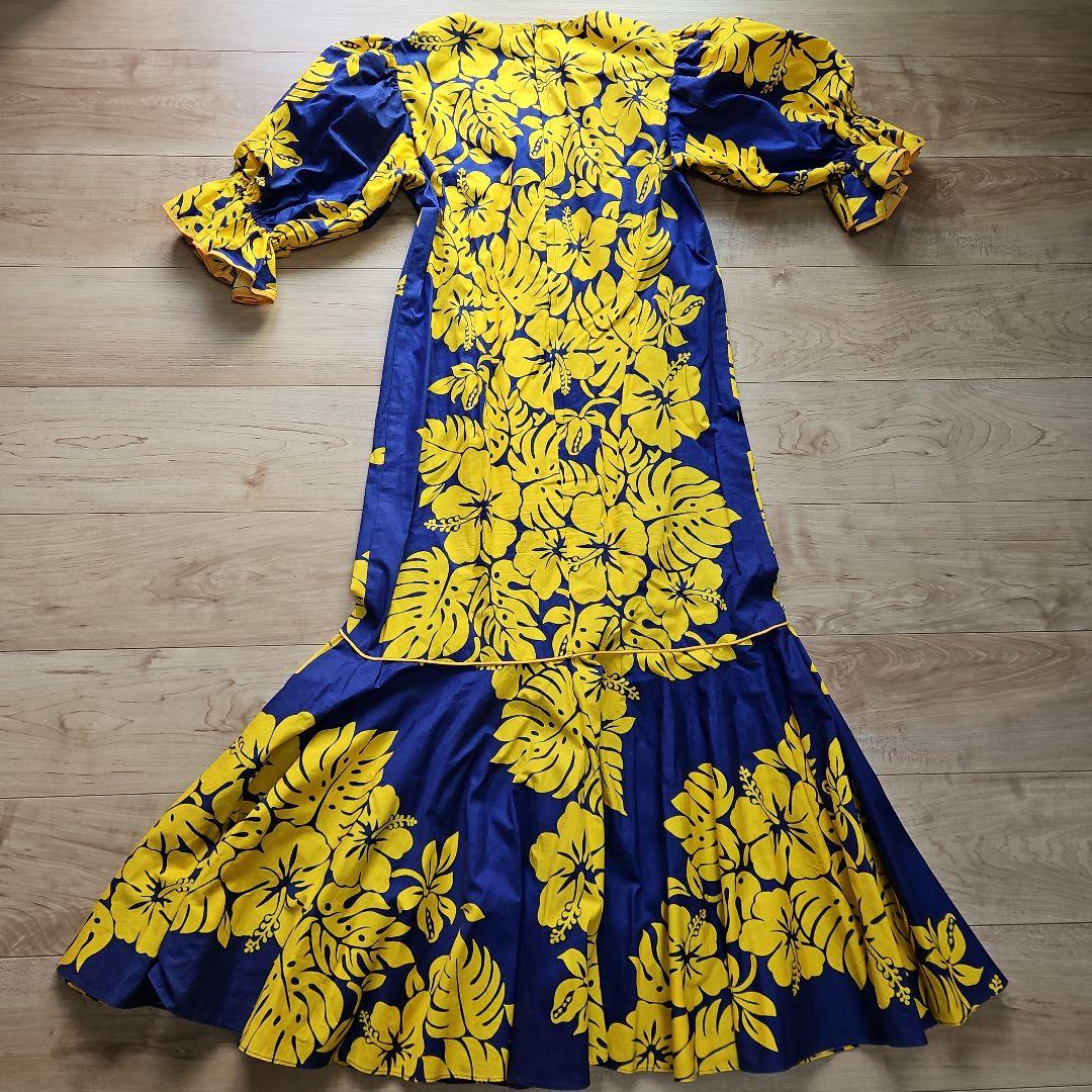 ☆タケミハワイアンドレス☆パープル×イエロー裾フレア☆美品M☆