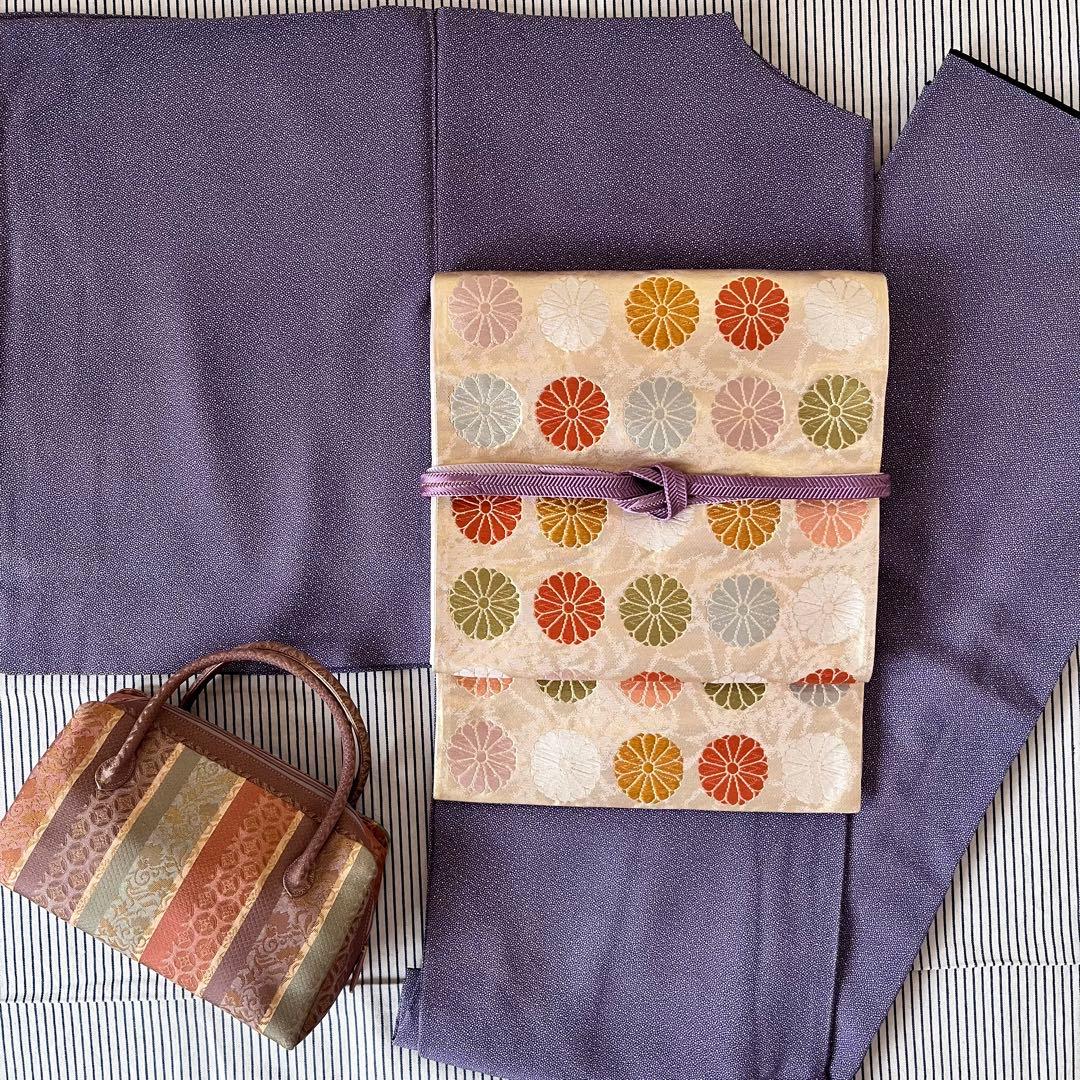 利休バッグ　更紗・七宝の縞　小振り　正絹　美品