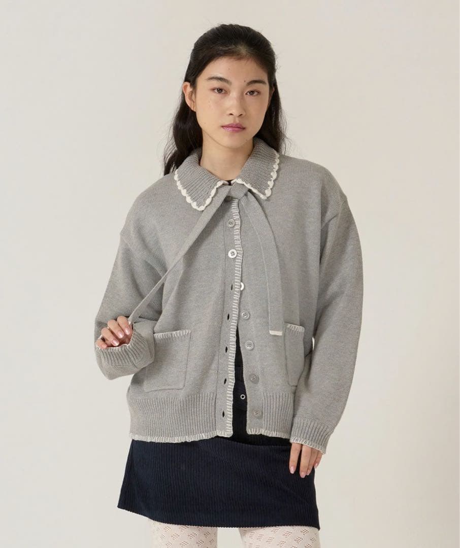 そらまめ【TINA：JOJUN】ハンドステッチ ニットジャケット グレー