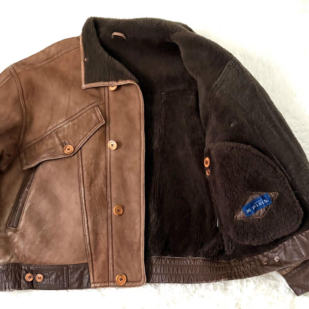 美品☆ムートン 羊革 レザージャケット 裏ボア 本革 ブラウン メンズL〜XL