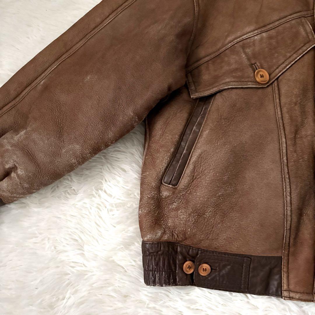 美品☆ムートン 羊革 レザージャケット 裏ボア 本革 ブラウン メンズL〜XL