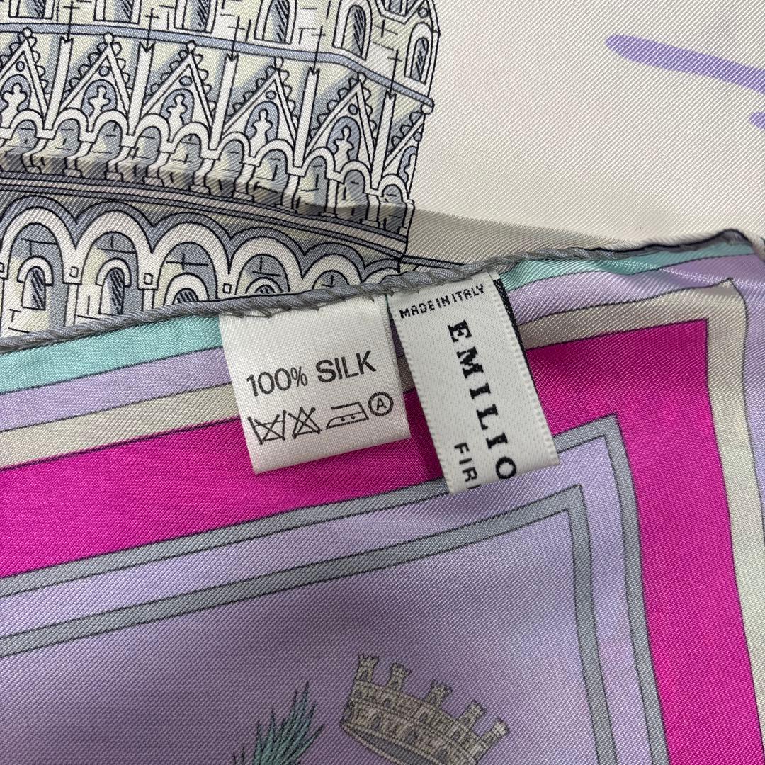 0805 エミリオプッチ　ミニスカーフ　建物　人物　ピンク　ブルー　汚れあり.