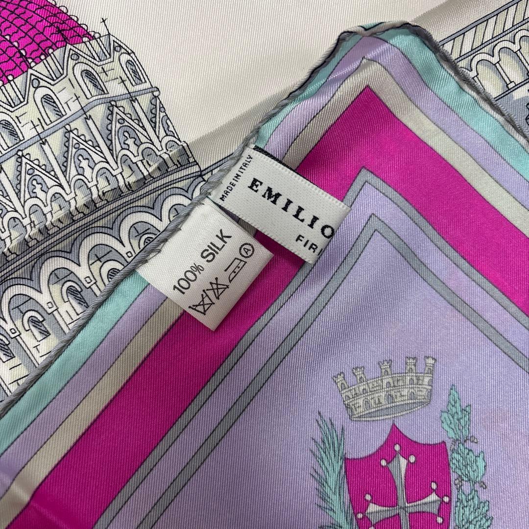 0805 エミリオプッチ　ミニスカーフ　建物　人物　ピンク　ブルー　汚れあり.