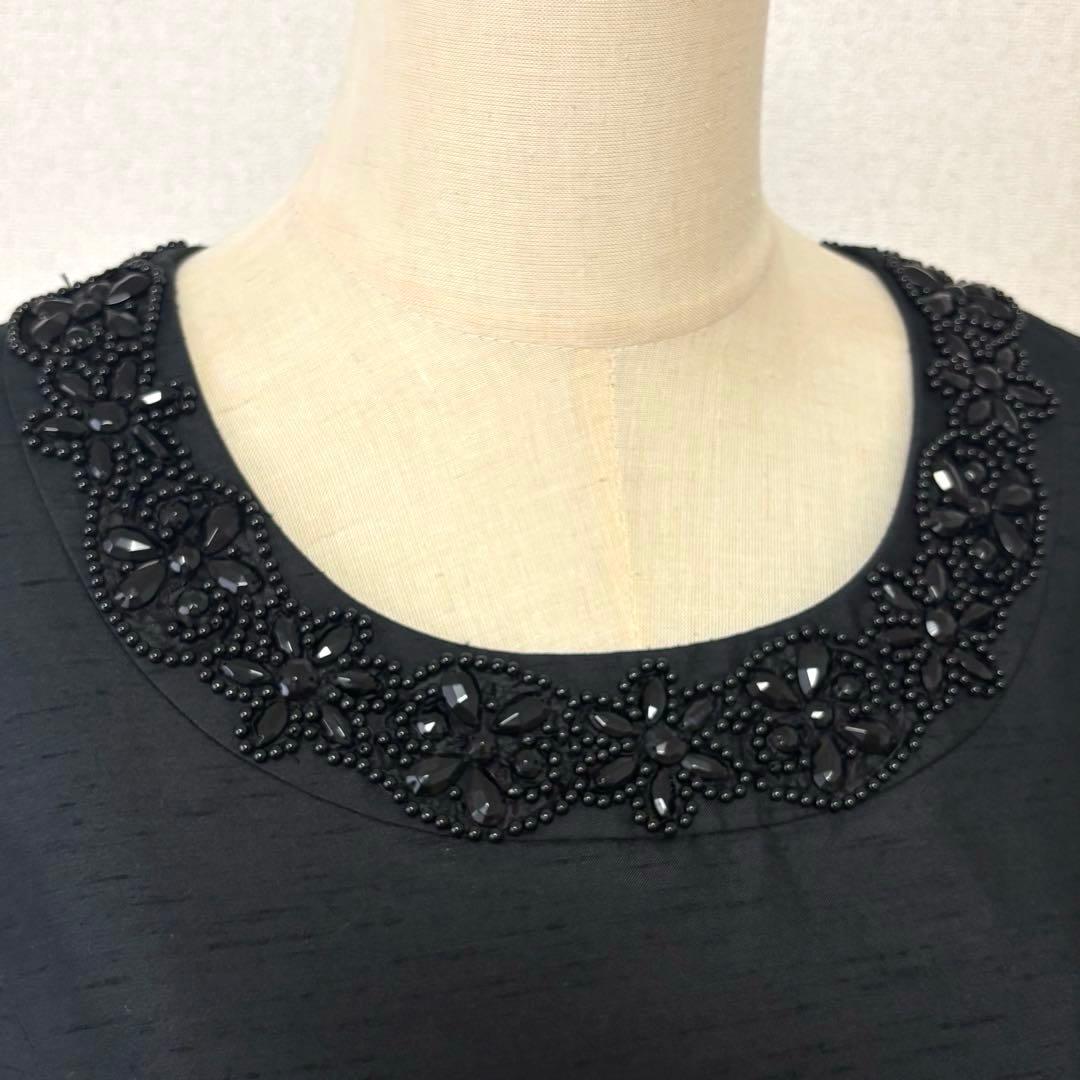 レリアン シルク混ロングワンピース ビジュー ギャザー フレア 黒 大きいサイズ