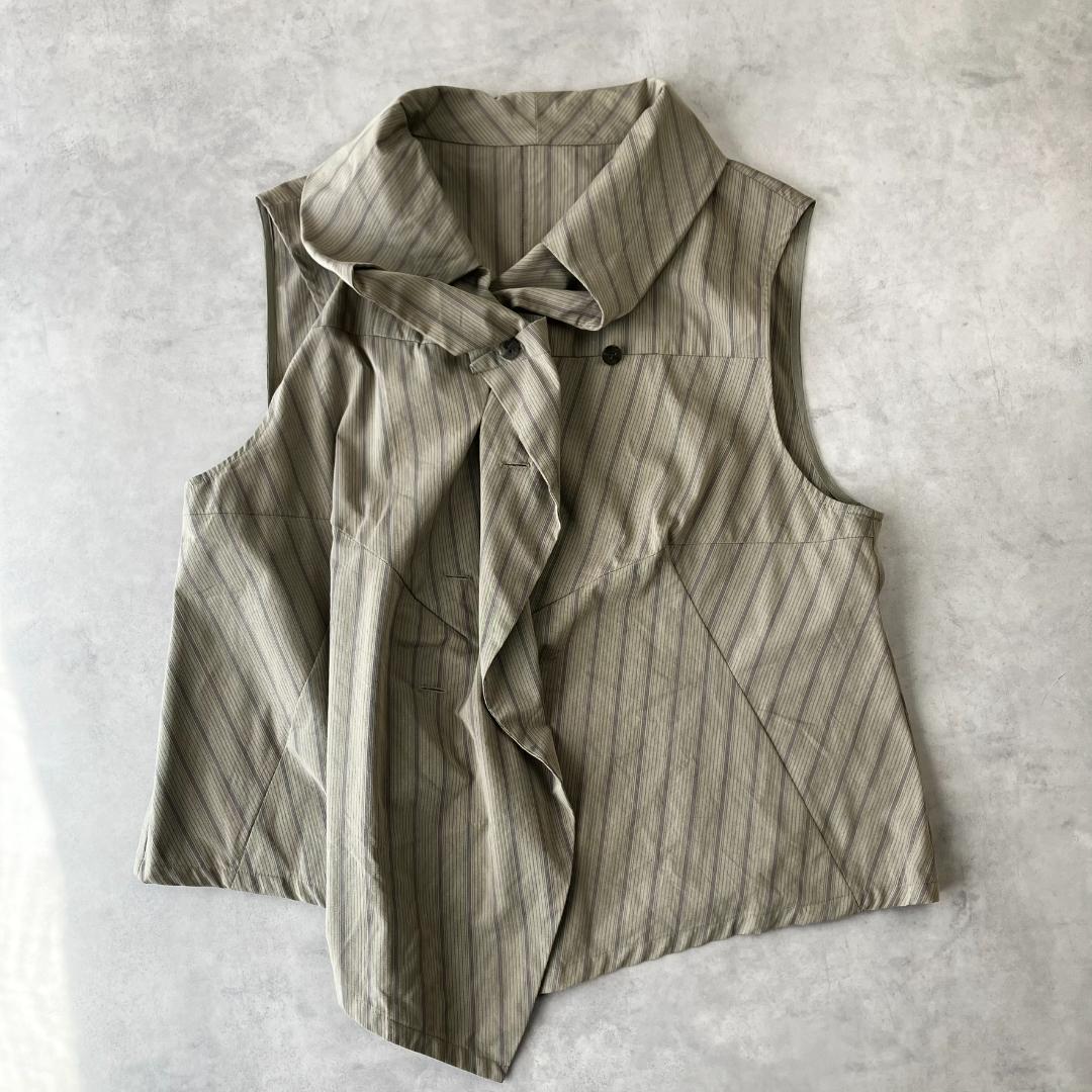 美品　慈雨　センソユニコ　変形ストライプベスト　モード　カーキ　924
