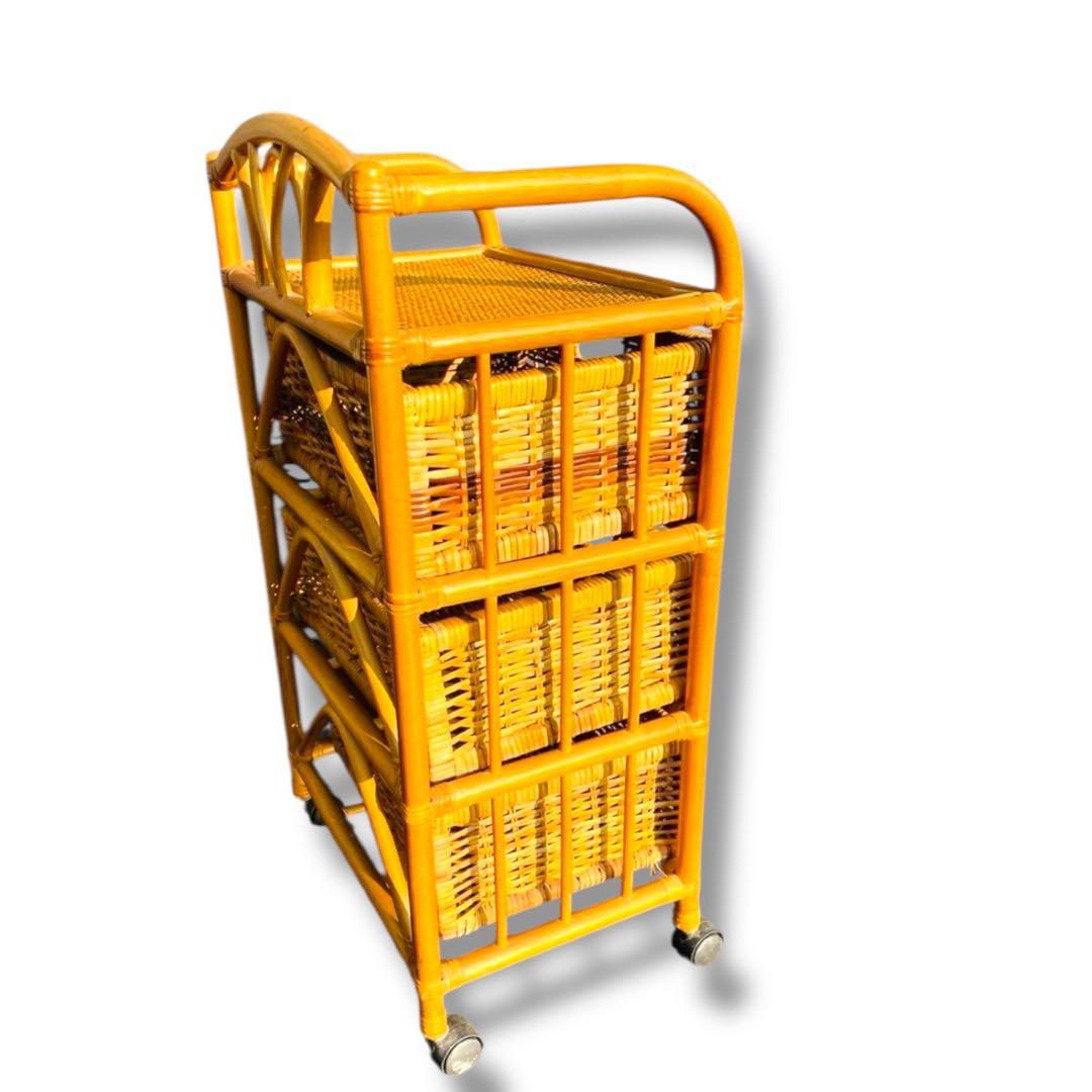 美品☆ヴィンテージ キャスター付 ラタン チェスト 3段 棚 昭和レトロ 引出し