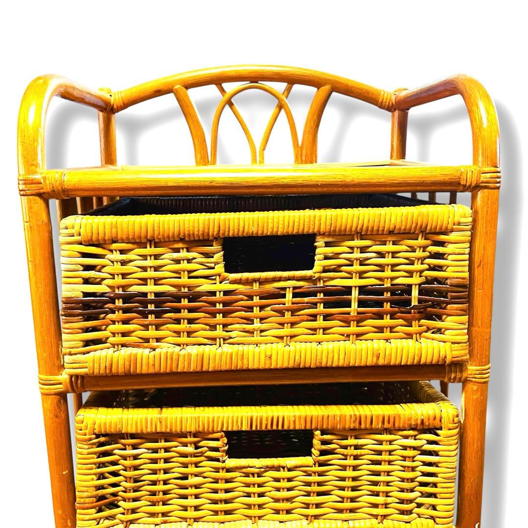 美品☆ヴィンテージ キャスター付 ラタン チェスト 3段 棚 昭和レトロ 引出し