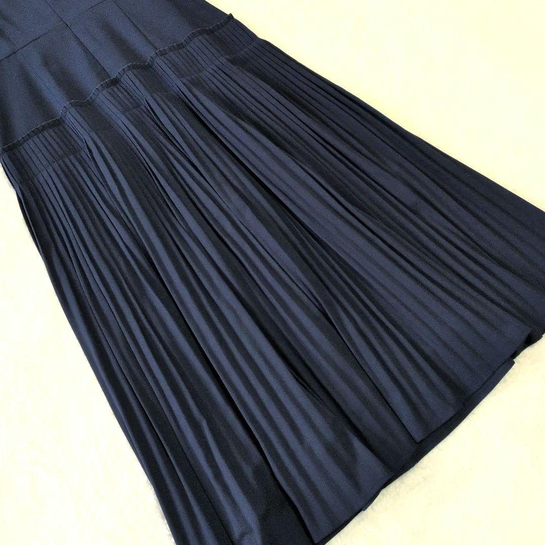 セルフォード　ジョーゼットプリーツロングワンピース　ネイビー　光沢感　S