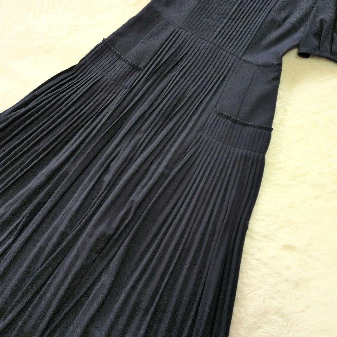 セルフォード　ジョーゼットプリーツロングワンピース　ネイビー　光沢感　S