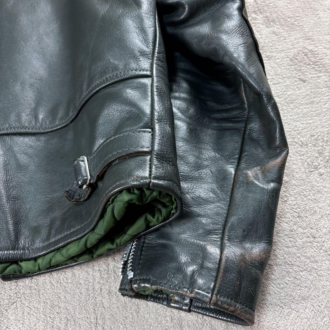 【英国製】ダブルライダースジャケット　グリーン　レザー　40 ヴィンテージ