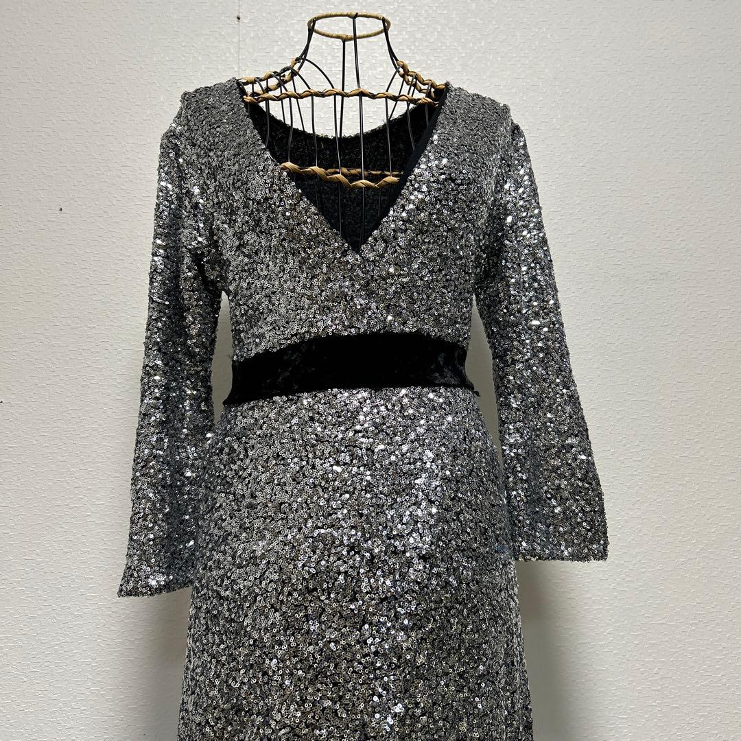 スパンコール　社交ダンス衣装　練習着　シルバー　ワンピース