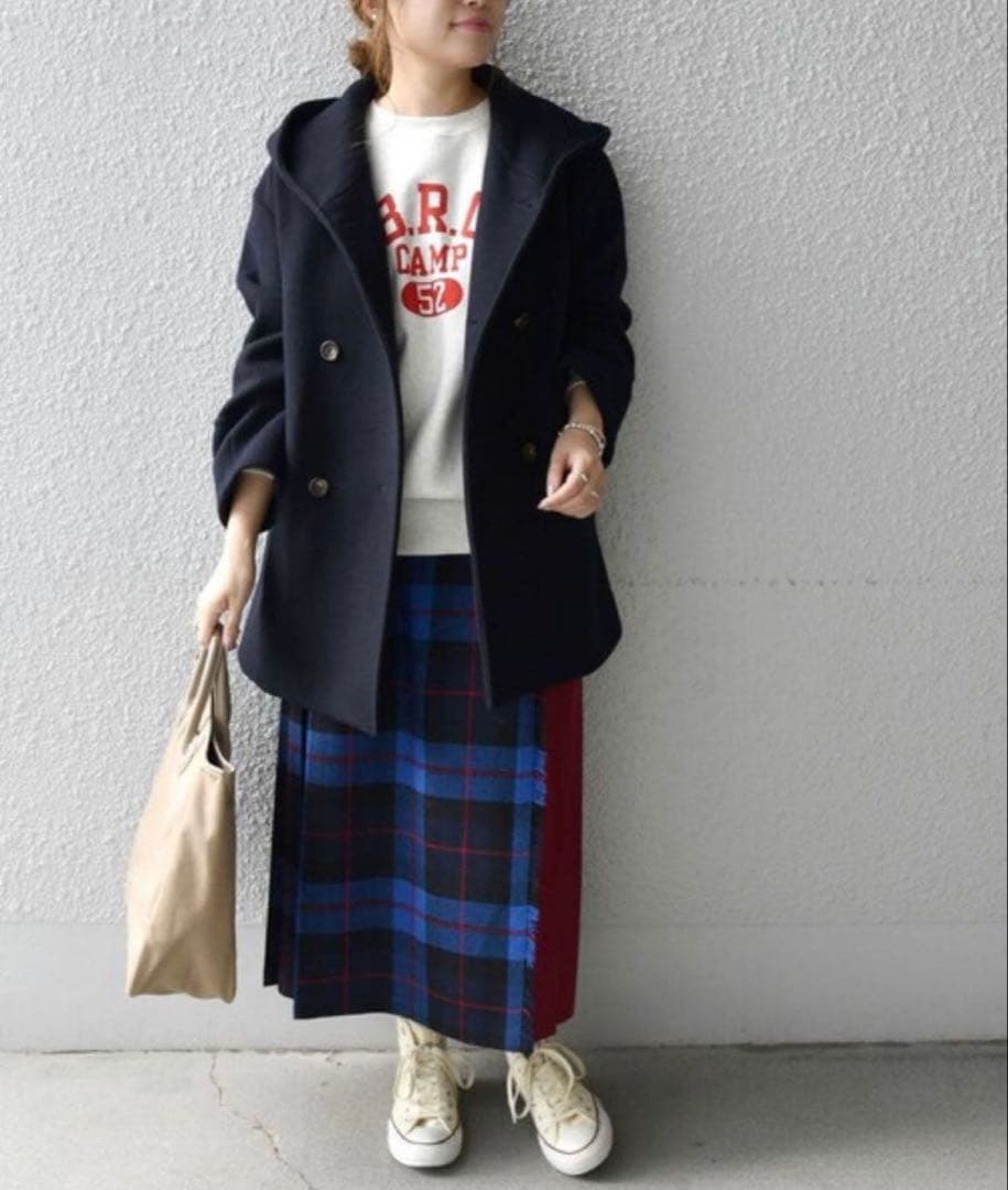 SHIPS any シップス フーデット ミディ コート 40 ネイビー 美品