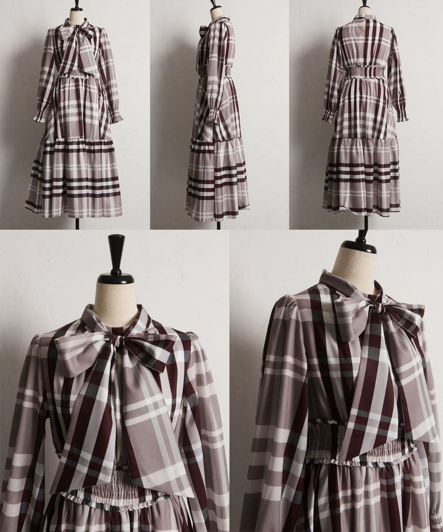 ベージュ ビックボウタイリボン付きチェック柄シャーリングワンピース tocco