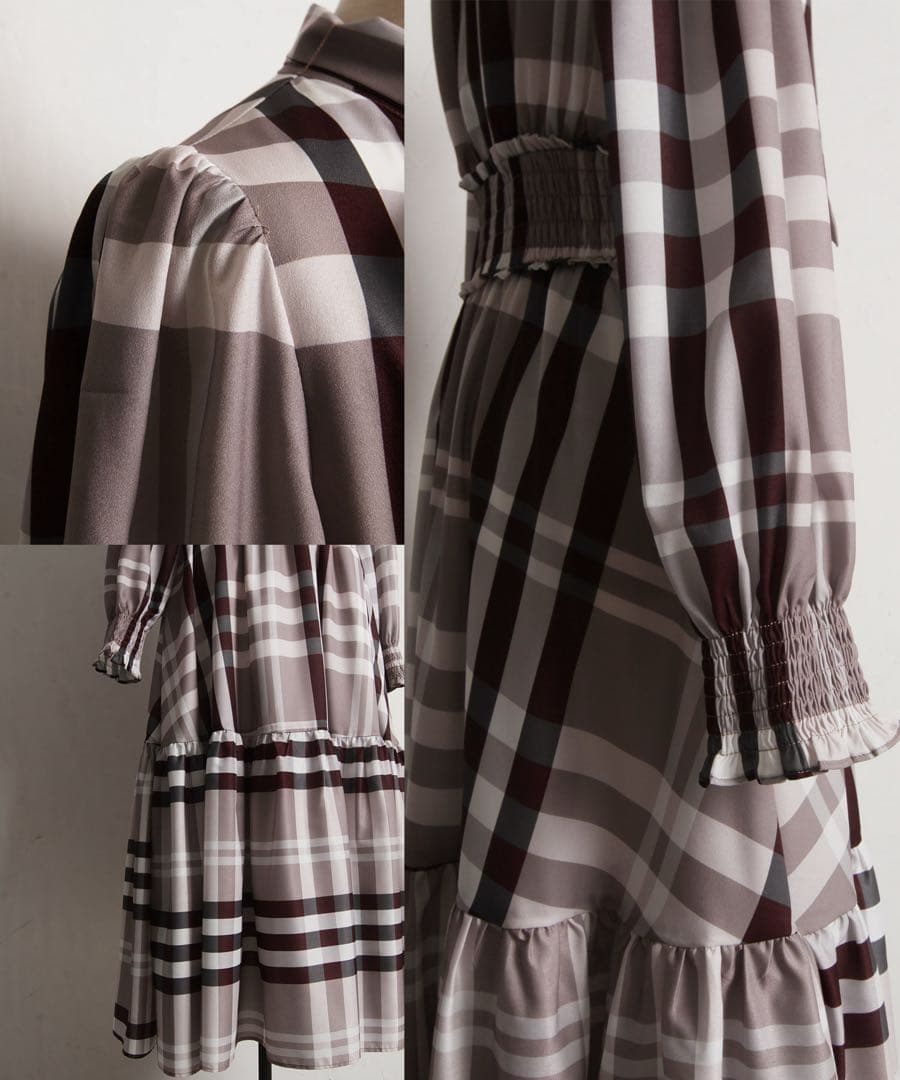 ベージュ ビックボウタイリボン付きチェック柄シャーリングワンピース tocco