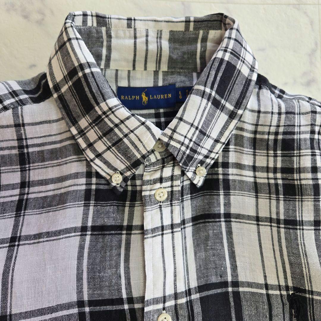 ラルフローレン 麻 リネン 白黒 モノトーンチェック柄シャツ Lサイズ