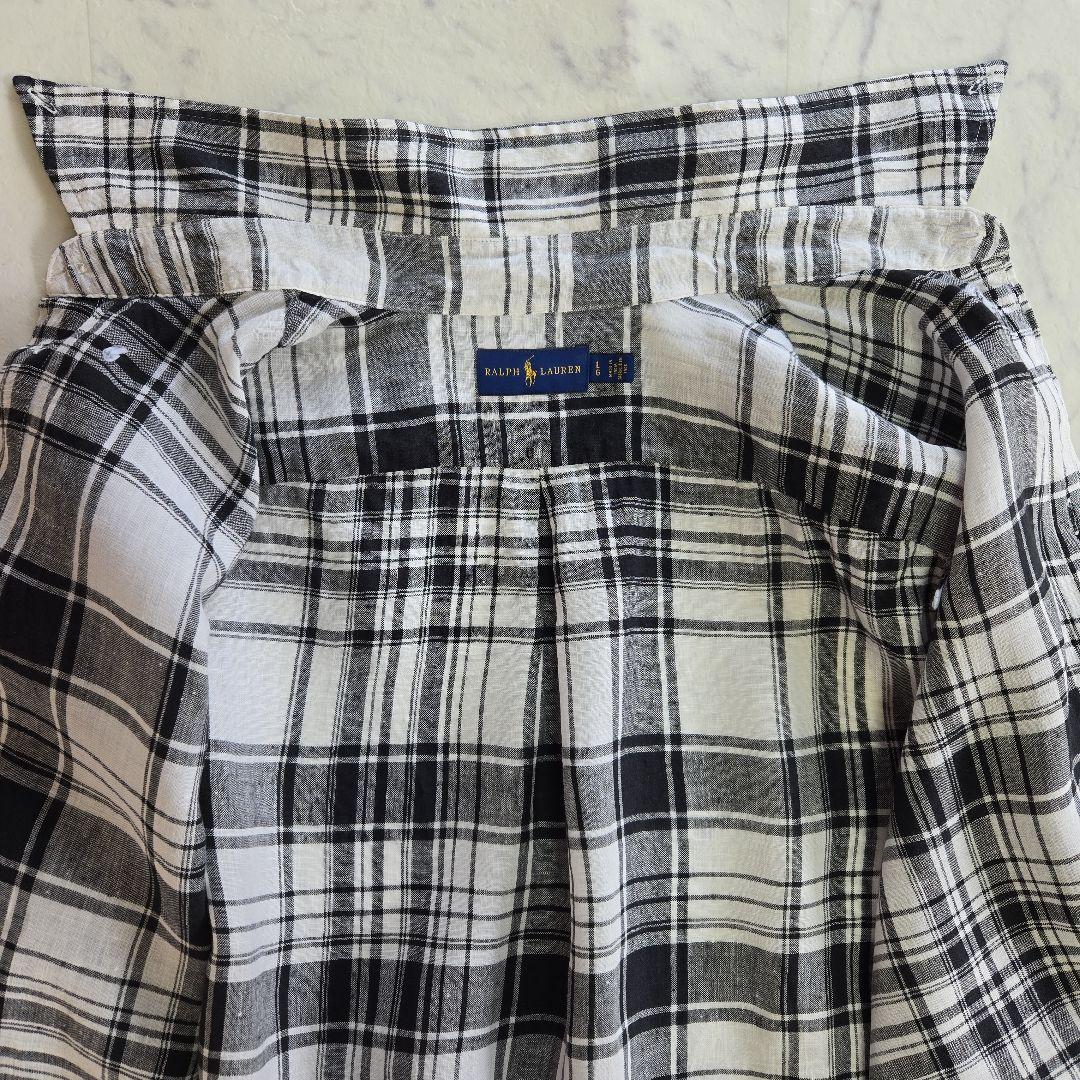 ラルフローレン 麻 リネン 白黒 モノトーンチェック柄シャツ Lサイズ