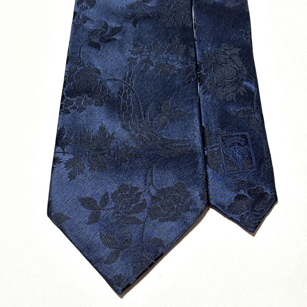 美品 グッチ GUCCI ネクタイ ボタニカル 花柄 植物 ジャガード 青紺