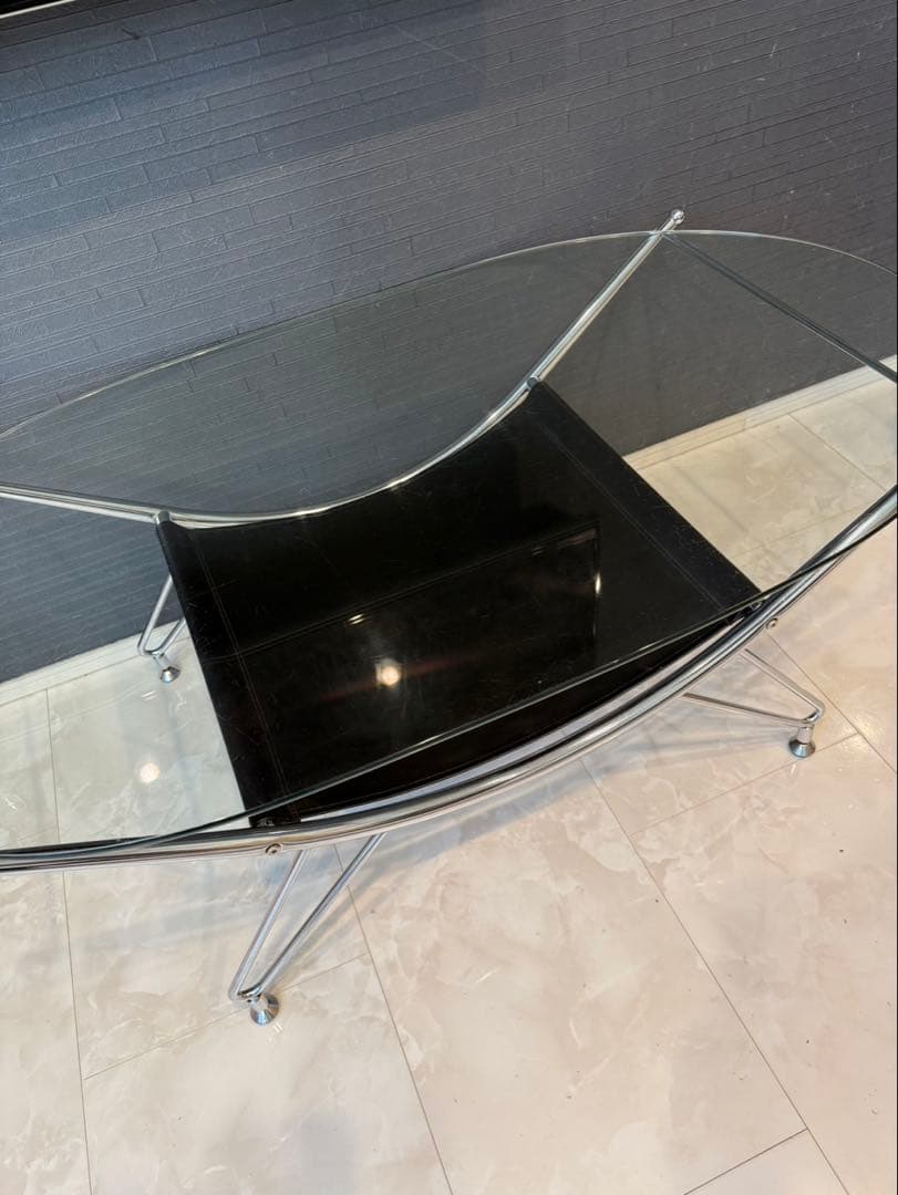 スペースエイジ ガラスローテーブル ヴィンテージ レザー ミッドセンチュリー