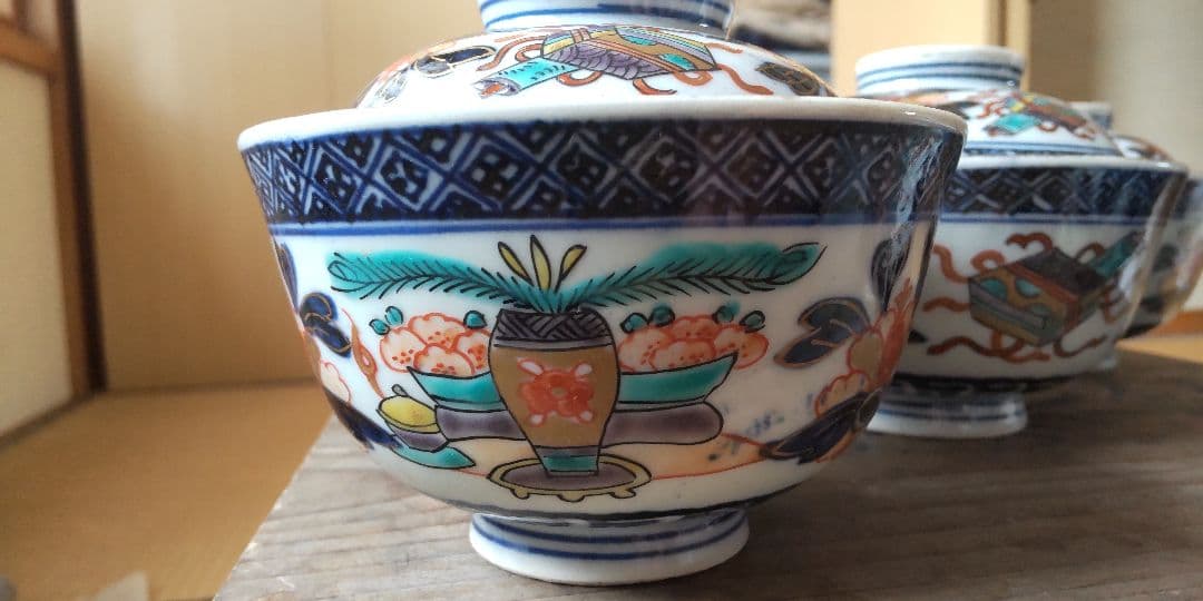 古伊万里　蓋茶碗　冨貴長春　明治18年20客のうち5客