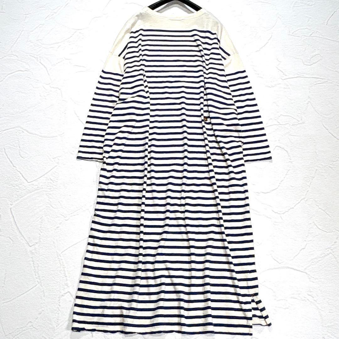 45R　ボーダー　コットン　天竺　ロングワンピース　ロゴプレート　日本製
