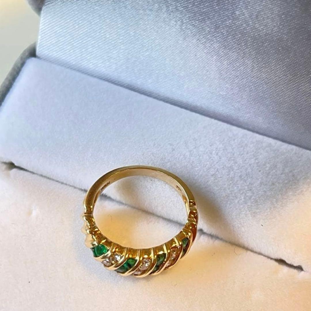 K14 エメラルド×ダイヤ リング ヴィンテージ ボリュームデザイン 12号