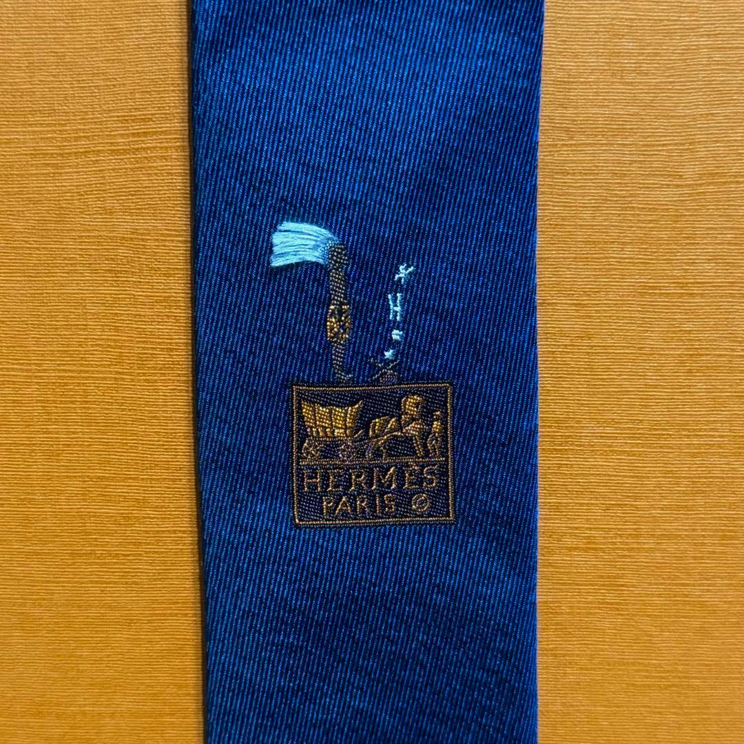 s*6様 エルメス　ネクタイ　紺　無地　馬柄刺繍　シルクジャガード ポニー