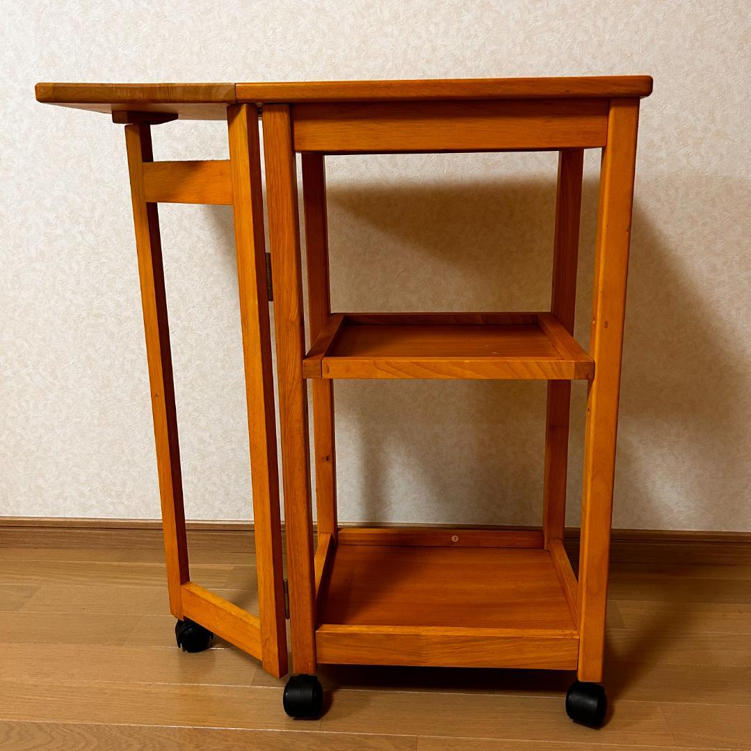 タイルが可愛い 折りたたみ木製キッチンワゴン　キャスター付2段棚