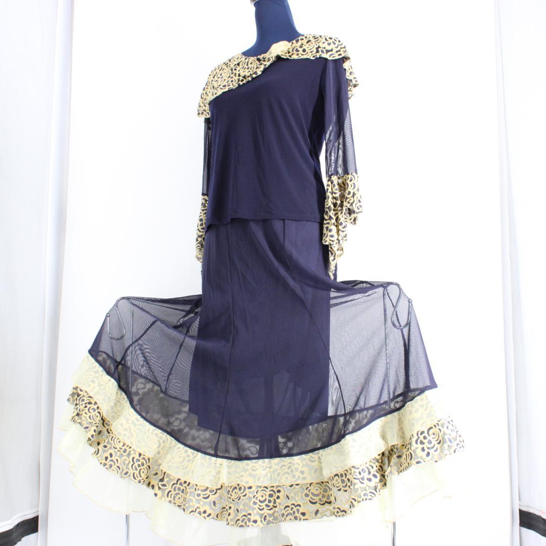 【美品 社交ダンス衣装】上下セット トップス スカート 紺 金 ゴージャス